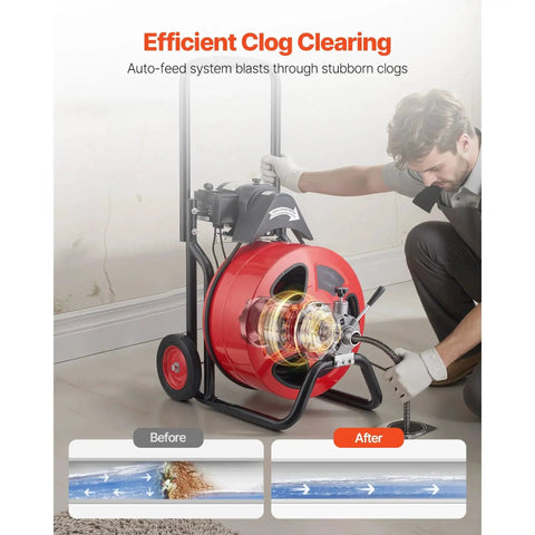 Wheeled Electric Sewer Snake Auger With 100 Feet Cable And Three Quarter Inch Width Auto Feed Drain Cleaner in use for clog removal.