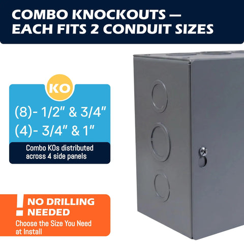 Rock Solid Carbon Steel Junction Box 6 X 6 X 4 Inches with screw cover showing combo knockouts for conduit sizes.
