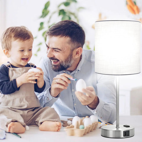 Touch Table Lamp Set Of 2 With USB Ports And AC Outlet, 3-Way Dimmable Bedside Lamp beside father and child painting eggs