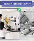 Mother and child in kitchen with Under Cabinet Paper Towel Holder With Self Adhesive Or Drilling Mount Stainless Steel Black Wall Mounted Organizer.