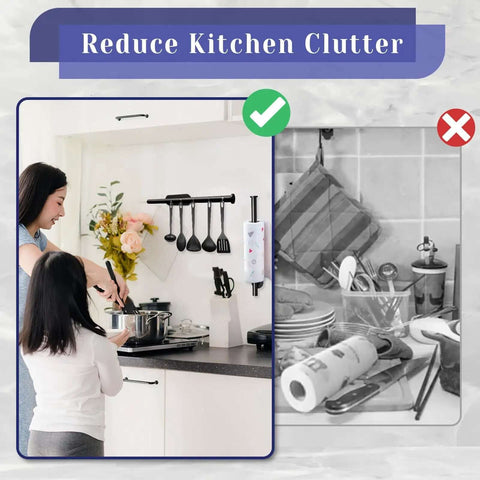 Mother and child in kitchen with Under Cabinet Paper Towel Holder With Self Adhesive Or Drilling Mount Stainless Steel Black Wall Mounted Organizer.
