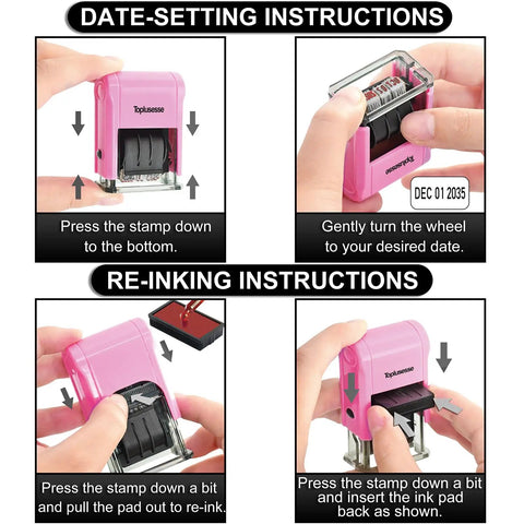 No Sweat Self Inking Date Stamp With Twelve Year Range And Clean Purple Base Quick Office Dater instructional setup guide.