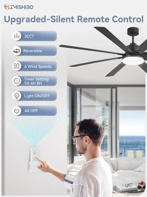 Person using remote to control Beast Of A 72 Inch Ceiling Fan With Remote For Indoor Outdoor Use in a modern living room