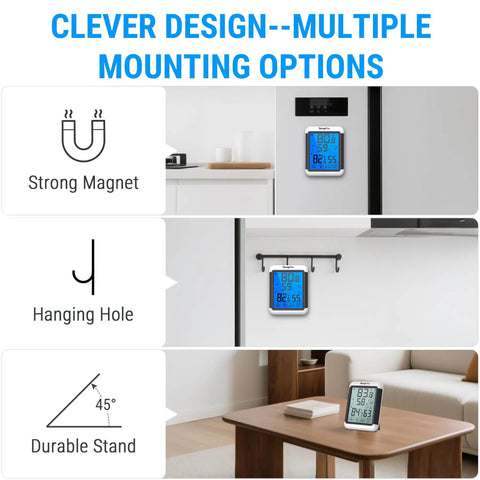 Indoor Outdoor Digital Wireless Thermometer And Hygrometer With Large Backlit 4 Inch Touchscreen LCD Monitor For Accurate Temperature And Humidity Readings At Home Or Office Weather Station shown mounted on fridge, wall, and table