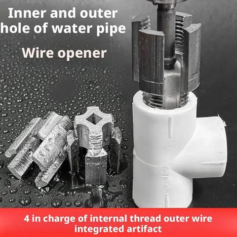 Heavy Duty Integrated Pipe Threading Tool For 1/2 And 3/4 Inch Water Pipes showing hexagon cutting tool on PVC pipe.