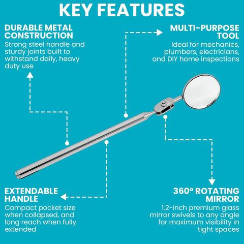 Image showing a Two Pack Telescoping Inspection Mirrors Extendable From 5 To 21 Inches With 1.2 Inch Swivel Mirror Pocket Sized Auto Mechanic Tool.
