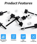 No Sweat Black Nylon Thumb Screws M4 X 35 Millimeter with Full Thread and Four Sturdy Hook Nuts laid out with features.