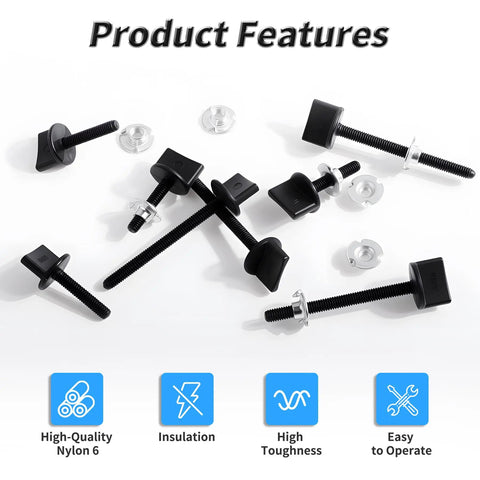 No Sweat Black Nylon Thumb Screws M4 X 35 Millimeter with Full Thread and Four Sturdy Hook Nuts laid out with features.