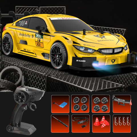 1 16 Scale 4WD RC Drift Car, High Speed 40 KMH, 2 4 GHz Remote, Realistic Handling, Yellow with accessories.