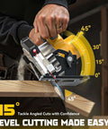Ecarke cordless circular saw with yellow housing and bevel gauge cutting a wood plank.
