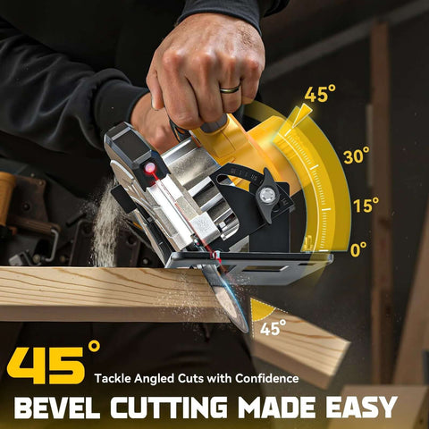 Ecarke cordless circular saw with yellow housing and bevel gauge cutting a wood plank.