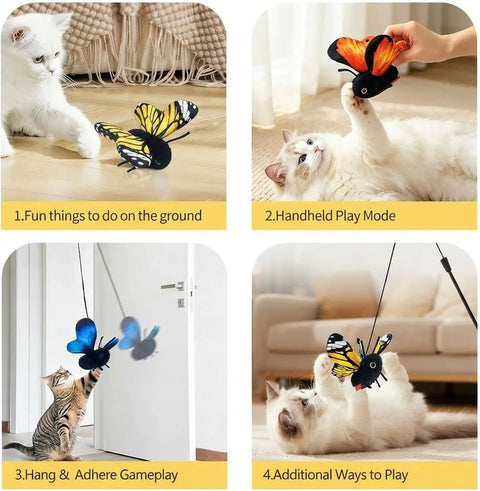 Smart Sensing Flapping Butterfly Cat Toy With Auto Activation That Triggers When Your Cat Approaches Realistic Flutter Motion Sparks Play Engages Hunting Instincts Totally Interactive Blue Butterfly Toy For Cats To Chase And Pounce, blue hanging butterfly cat toy in indoor play scenes