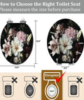 Toilet Seat Elongated Resin for Bathroom with floral design, dimensions 14.5" x 18.5", guide on sizing.