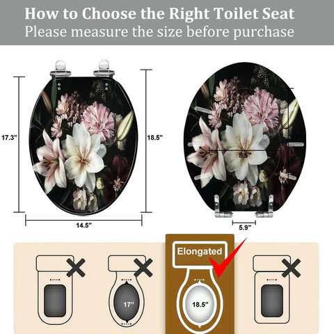 Toilet Seat Elongated Resin for Bathroom with floral design, dimensions 14.5" x 18.5", guide on sizing.