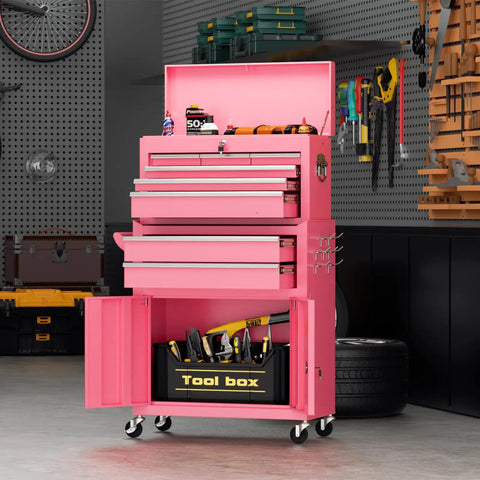 8 Drawer Rolling Tool Chest With Wheels Lockable 2 In 1 Detachable Tool Cabinet With Drawers And Black Liners Pink