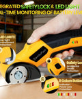 Close-up of Cordless Electric Scissors Go To Box Cutter For Cardboard And More with safety lock and LED light on yellow handle