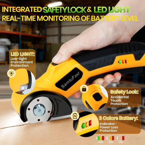 Close-up of Cordless Electric Scissors Go To Box Cutter For Cardboard And More with safety lock and LED light on yellow handle