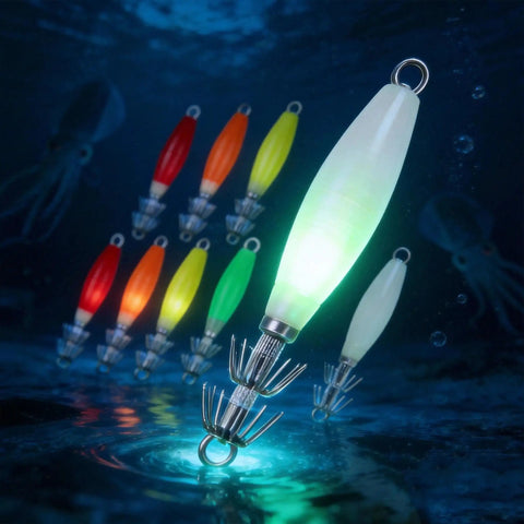 Night Fishing Glow In The Dark Squid Jigs Kit 10 Pcs With Fluorescent Red Orange Yellow Green and Glow Colors underwater display