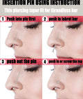 Instructional image showing the use of the 4Pcs Threadless Piercing Change Tool Kit for 18G and 20G Insertion Pins on a nose.