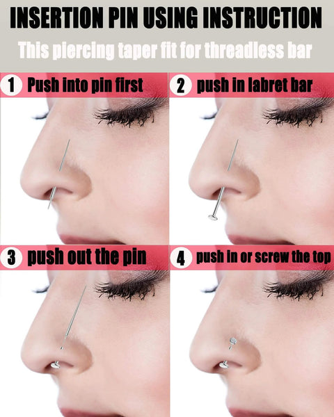 Instructional image showing the use of the 4Pcs Threadless Piercing Change Tool Kit for 18G and 20G Insertion Pins on a nose.