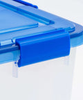 Close-up of the secure latching lid on a 60-Quart Clear Airtight Storage Tote for reliable storage.