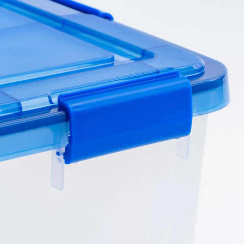 Close-up of the secure latching lid on a 60-Quart Clear Airtight Storage Tote for reliable storage.