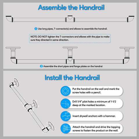 Diagram showing installation of Pipe Stair Handrail 5 Ft Black Galvanized Industrial Iron Wall Mounted Banister for indoor outdoor use.