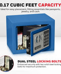 Blue safe box with digital lock, dual steel bolts, open showing compartment with items, 0.17 cubic feet capacity, Honeywell brand.