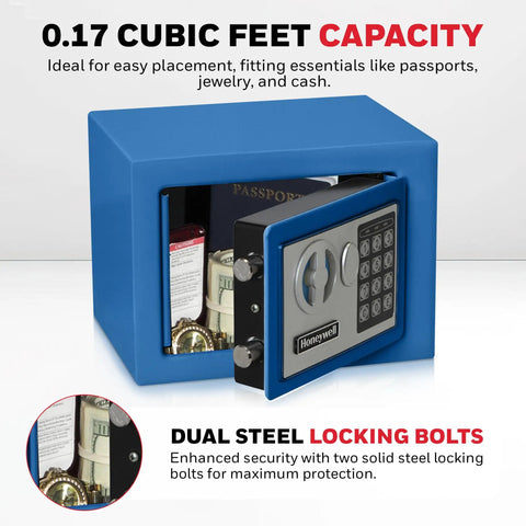 Blue safe box with digital lock, dual steel bolts, open showing compartment with items, 0.17 cubic feet capacity, Honeywell brand.