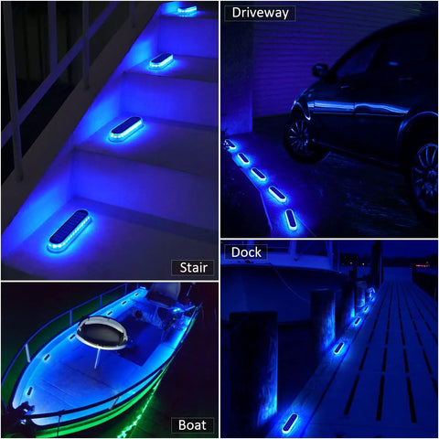 Blue Solar Dock Deck Lights No Wiring Easy Install Stick On Outdoor Waterproof Step Lights for stairs, driveway, deck, and boat