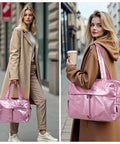 Women carrying pink 45L Waterproof Duffle Bag For Women Lightweight Carry On Weekender with shoe pocket, perfect for weekend getaways.