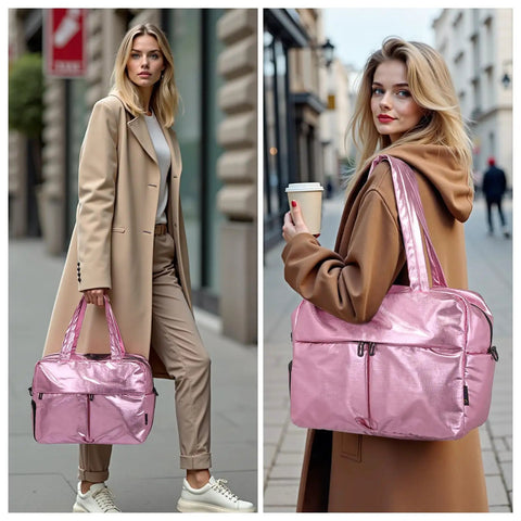 Women carrying pink 45L Waterproof Duffle Bag For Women Lightweight Carry On Weekender with shoe pocket, perfect for weekend getaways.