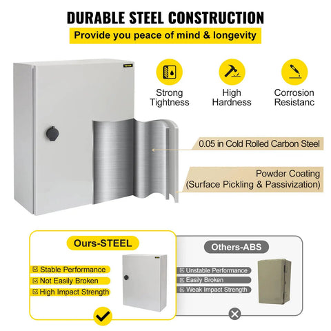 Rugged Outdoor Electrical Enclosure 20x20x6 Inch, NEMA 4 Waterproof Dustproof IP65 Cold-Rolled Carbon Steel Hinged Junction Box