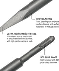 Close-up of 10 inch pointed chisel bit from Beefy SDS Plus Rotary Hammer Tile Chisel Set 4 Piece Kit with labeled features.
