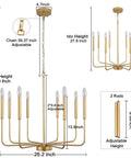 Gold Chandelier Light Fixture With Eight Lights In Modern Farmhouse Style showing dimensions and adjustable height features