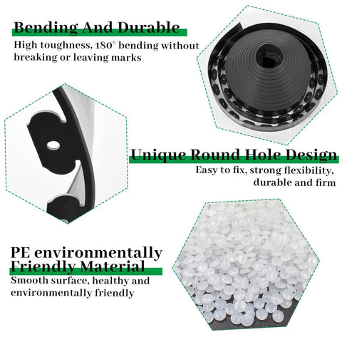 Diagram of 4 Inch UV-Resistant Landscape Edging Kit features, showing roll, spike design, and PE material benefits for flower beds.