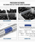 500 Piece M3 Self Tapping Screw Set With Phillips Drive Black Carbon Steel Sheet Metal Screws For Computer Repair Automotive And Home Appliances Seven Sizes From 0.24 To 0.79 In Must Have Kit. M3 self-tapping screws in a plastic storage box, black carbon steel, Phillips drive, assorted sizes
