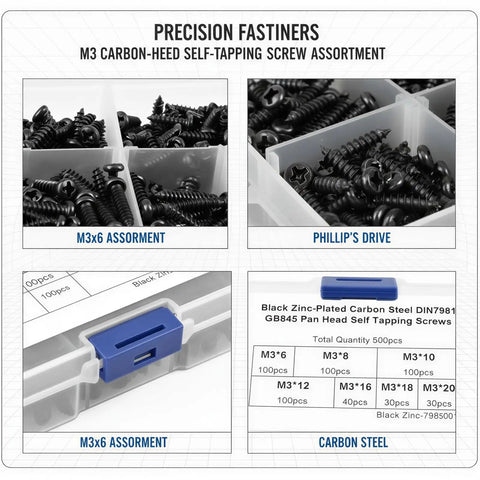 500 Piece M3 Self Tapping Screw Set With Phillips Drive Black Carbon Steel Sheet Metal Screws For Computer Repair Automotive And Home Appliances Seven Sizes From 0.24 To 0.79 In Must Have Kit. M3 self-tapping screws in a plastic storage box, black carbon steel, Phillips drive, assorted sizes