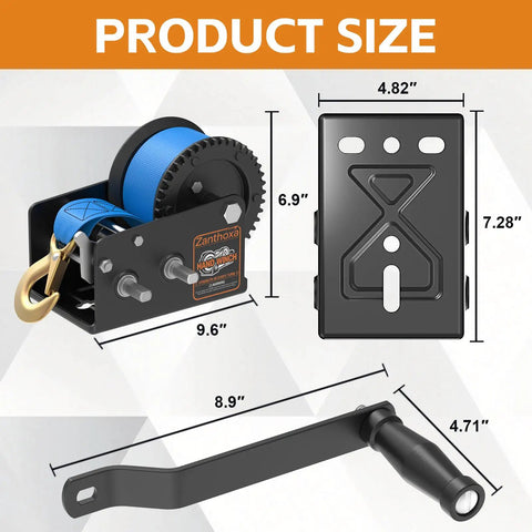 Beefy 3500 Lbs Boat Trailer Winch With 33 Ft Strap Heavy Duty Hand Winch For Boat Launch And Recovery Dual Speed Gear Ratio 4 To 1 And 8 To 1 For Smooth Fast Hauling, shown with dimensions