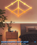 RGBW LED Wall Light Panels With WiFi Control Hexagon And Line Kit, warm yellow glow above nightstand in bedroom