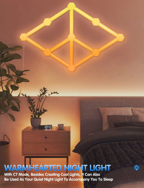 RGBW LED Wall Light Panels With WiFi Control Hexagon And Line Kit, warm yellow glow above nightstand in bedroom