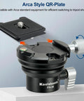 Heavy Duty Tripod Leveling Base Camera Leveler Featuring Arca Swiss Half Ball Mount, showing quick-release QR-plate and adjustment knob.