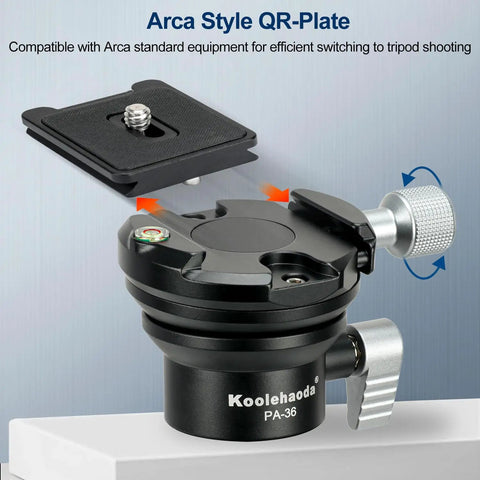 Heavy Duty Tripod Leveling Base Camera Leveler Featuring Arca Swiss Half Ball Mount, showing quick-release QR-plate and adjustment knob.
