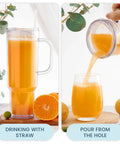 40 Oz Clear Double Wall Acrylic Tumbler With Handle And Straw Lid Reusable Water Bottle Fits Cup Holders BPA Free, filled with orange drink.
