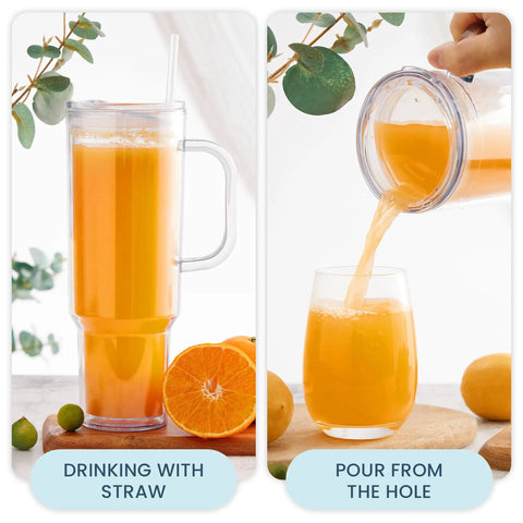 40 Oz Clear Double Wall Acrylic Tumbler With Handle And Straw Lid Reusable Water Bottle Fits Cup Holders BPA Free, filled with orange drink.