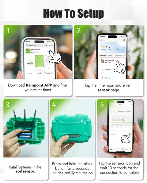 How To Setup WiFi Soil Moisture Sensor Add-On For Smart Irrigation - Compatible With TTV103WRF And TTV203WRF Sprinkler Timers And TWG004WRF Hub - One Sensor Per Zone - Easy Setup - Real Time Readouts - Weather Resistant Moisture Tester For Yard Or Garden with app steps