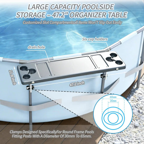 Six Cup Holder Poolside Bar Table For Folding Above Ground Pools Portable Swim Up Bar With Storage Bag installed on round pool