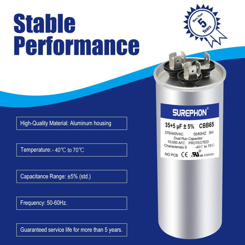 Heavy Duty Dual Run Start Capacitor 35 And 5uF For AC Units Fans Motors Heat Pumps Condensers 370V 440VAC CBB65 UL Listed E325324