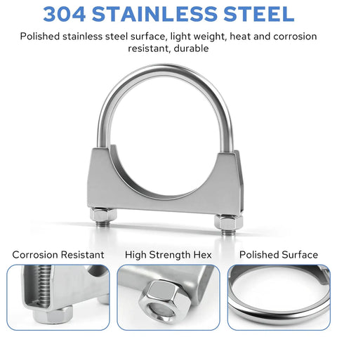 Beefy Stainless Steel U-Bolt Exhaust Clamp 2-1/8 Inch Inside Diameter, polished steel, corrosion resistant, hex nuts visible
