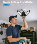 Man installing Ultra Bright LED Garage Light with 168 chips, three plus one deformable panels, 80W 8000LM 6500K daylight